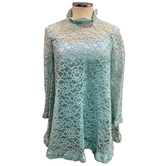 Vintage Aqua Swing Shift Mini Dress Vintage 1960s Lace Overlay Satin - Picture 3 of 10
